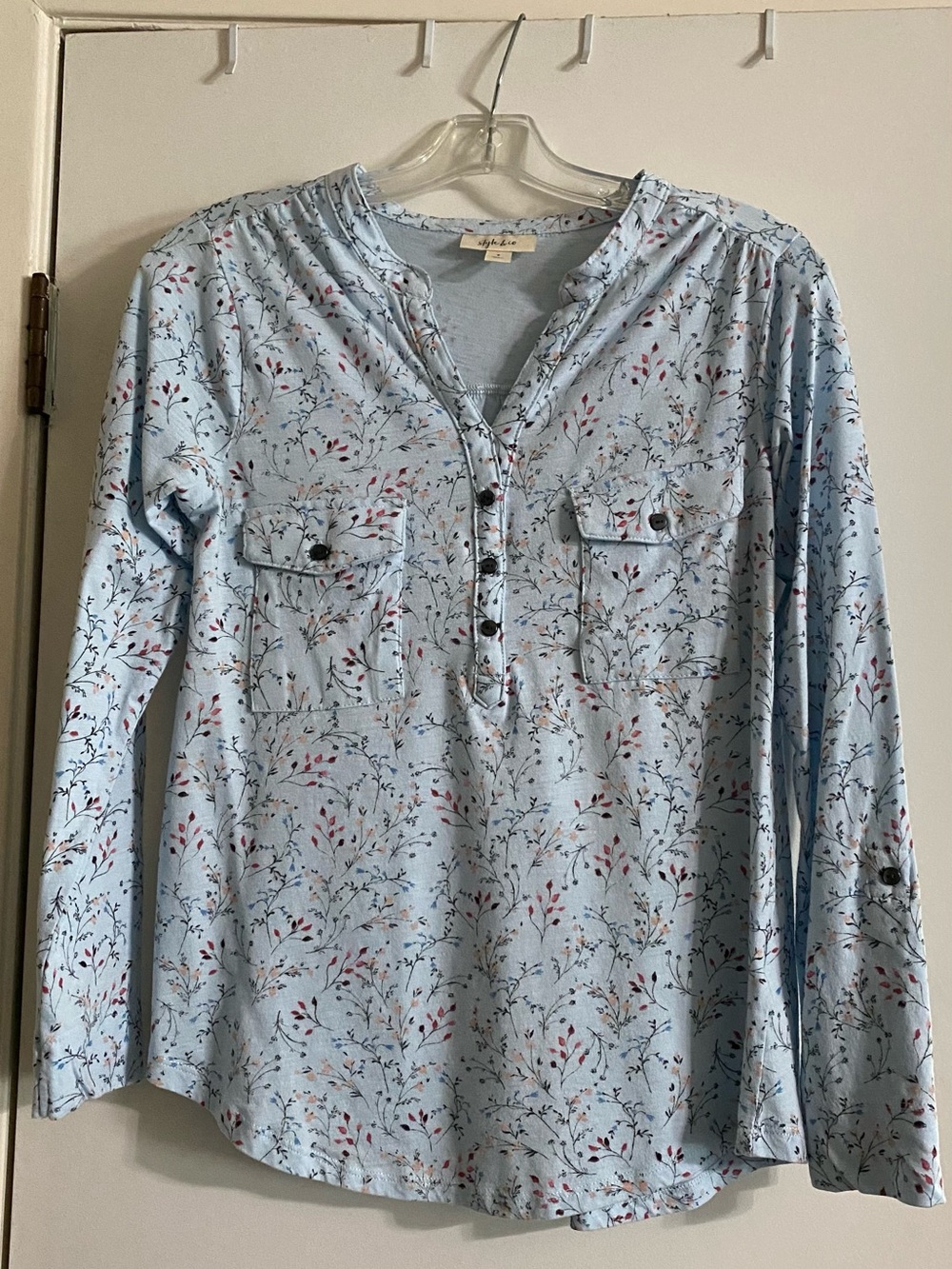 Style & Co. Light Blue Floral Henley Top with Pink Accents - Picture 1 of 12